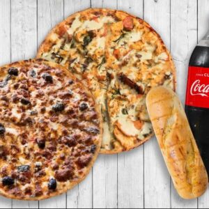 Any 2 LARGE PIZZAS, 1.25 Lt. DRINK & 1 GARLIC BREAD